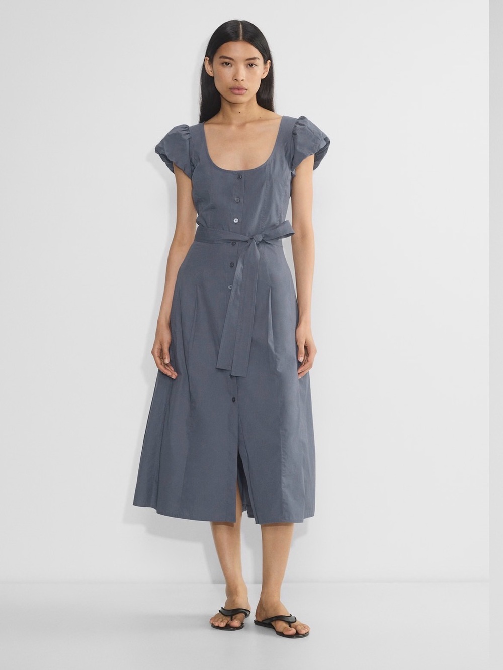 Aritzia Wilfred Governess Poplin Dress Scoop-Neck Midi Dress in Slate Blue